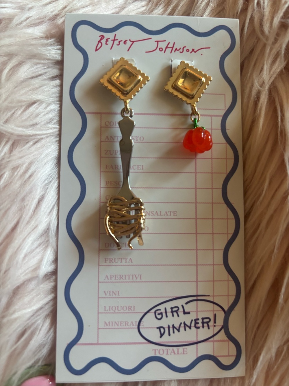 Betsey Johnson Gold Tone Pasta Fork and Cherry Mismatch Earrings - Gold & Red